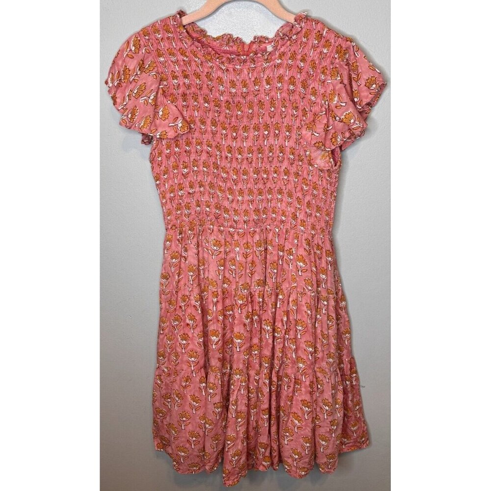 J Marie Elena Smocked Ruched Tiered Dress size Medium Floral Short Sleeve Viscos